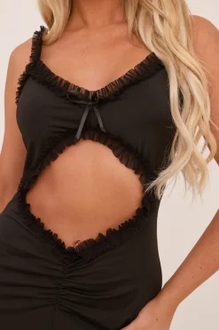 Rebellious Fashion Black Frill Trim Cut Out Front Maxi Dress - Thianna