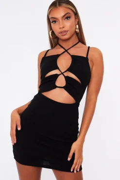 Rebellious Fashion Black Front Cut Out Ribbed Mini Dress - Holy