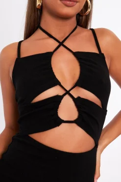 Rebellious Fashion Black Front Cut Out Ribbed Mini Dress - Holy