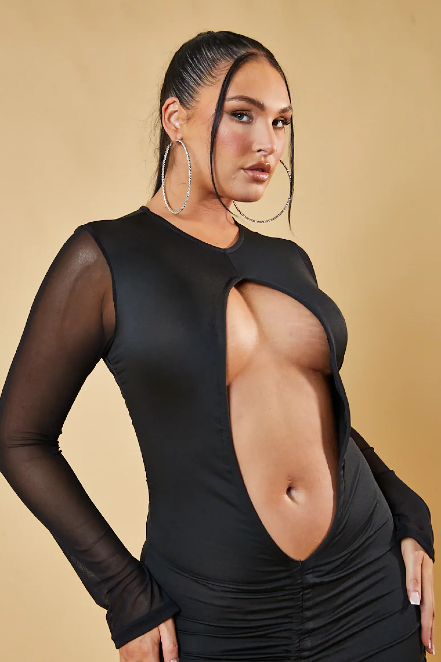 Rebellious Fashion Black Front Ruched Cut Out Mini Dress - Jasmine