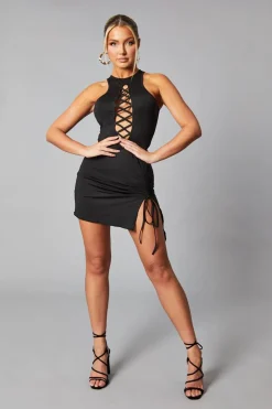 Rebellious Fashion Black Front Ruched Sleeveless Mini Dress - Masako