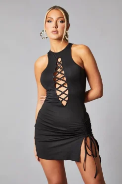 Rebellious Fashion Black Front Ruched Sleeveless Mini Dress - Masako