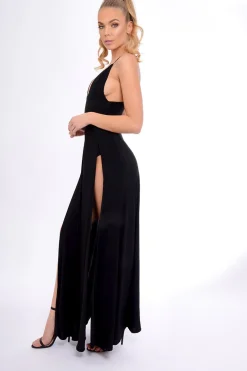 Rebellious Fashion Black Front Split Leg Maxi Dress - Effy
