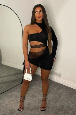 Rebellious Fashion Black Gathered Mesh Panel Cut Out Mini Dress - Bevie