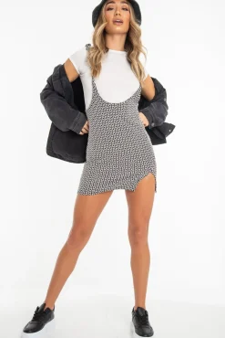 Rebellious Fashion Black Geometric Print T-Shirt Insert Tie Detail Dress - Saffy