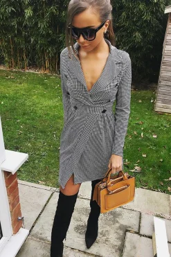 Rebellious Fashion Black Gingham Print Button Detail Blazer Dress - Nora