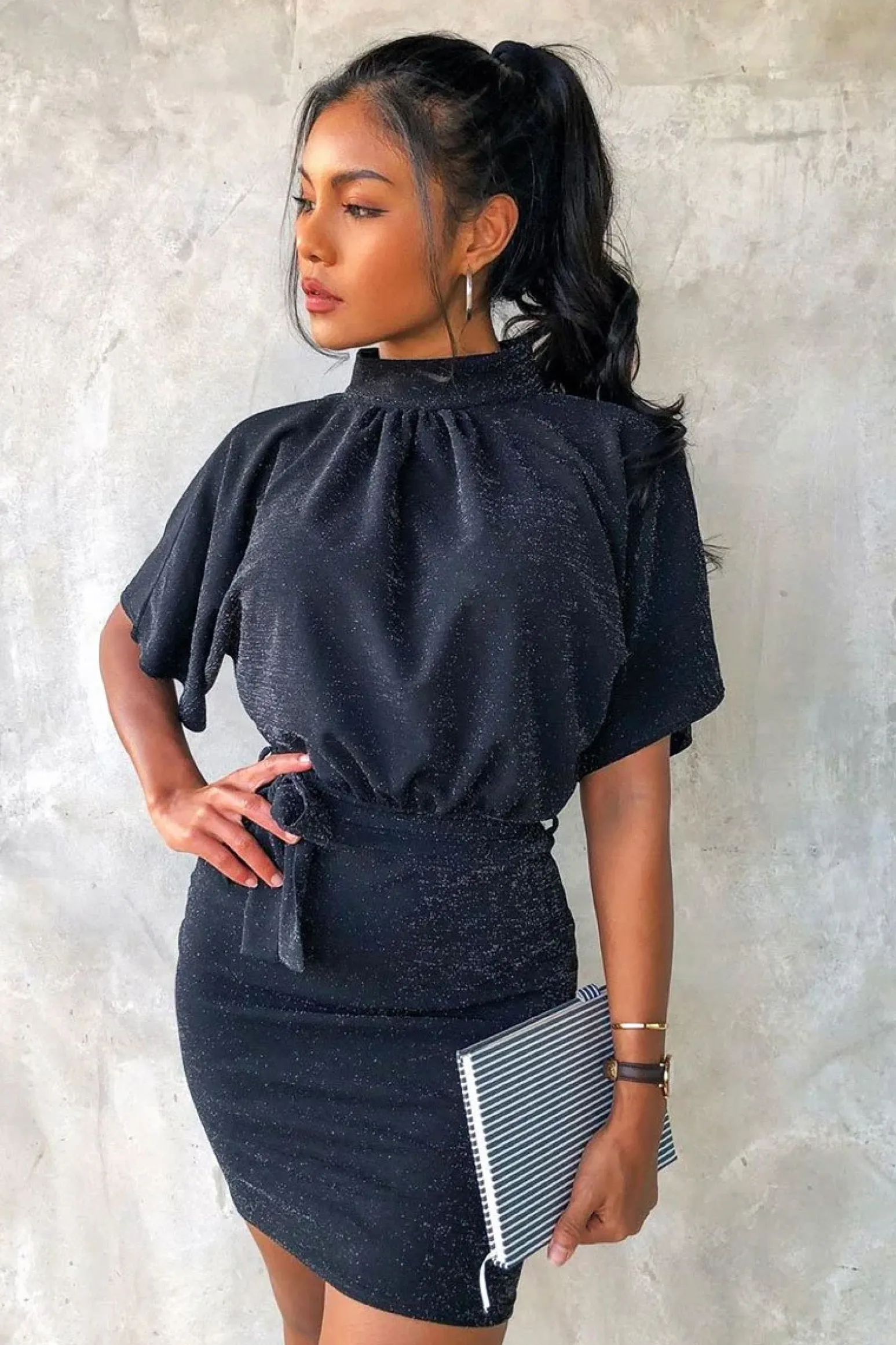 Rebellious Fashion Black Glitter Batwing Sleeve Belted Dress - Florene