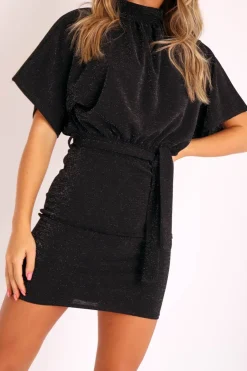 Rebellious Fashion Black Glitter Batwing Sleeve Belted Dress - Florene
