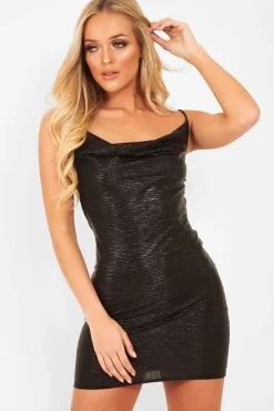 Rebellious Fashion Black Glitter Cowl Neck Mini Dress - Kyann