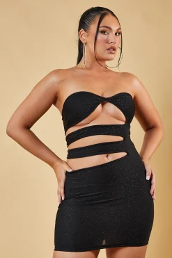 Rebellious Fashion Black Glitter Metallic Cut Out Bandeau Mini Dress - Julia