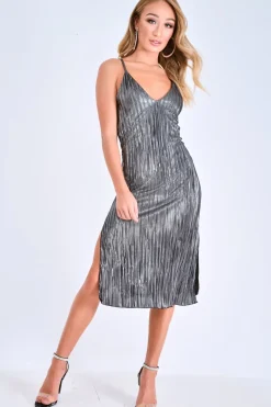 Rebellious Fashion Black Glitter Plunge Plisse Midi Slip Dress - Siara