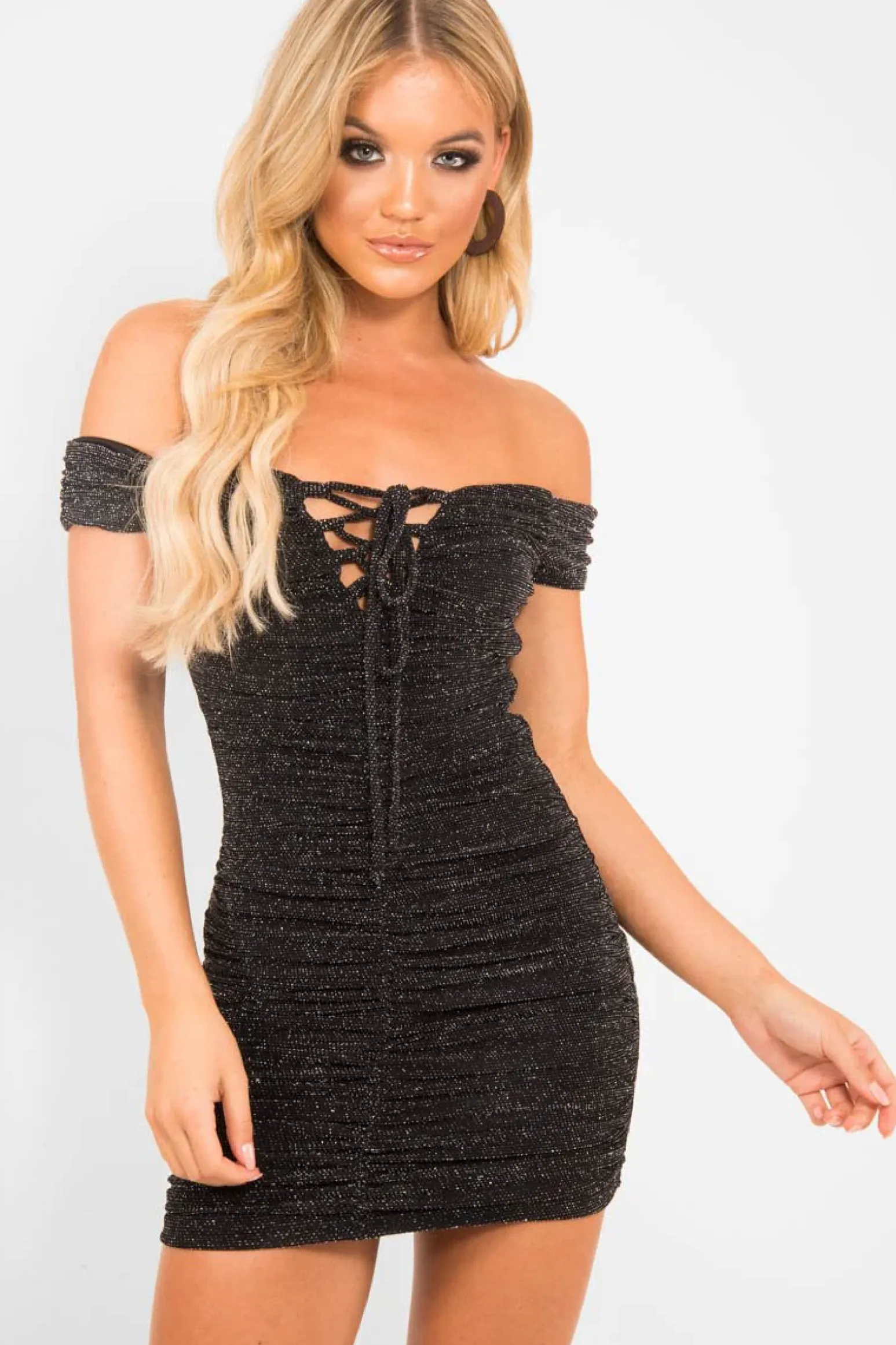 Rebellious Fashion Black Glitter Ruched Slinky Lace Up Dress - Rosina