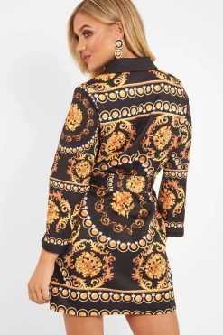 Rebellious Fashion Black Gold Chain Print Belted Shirt Dress - Estie