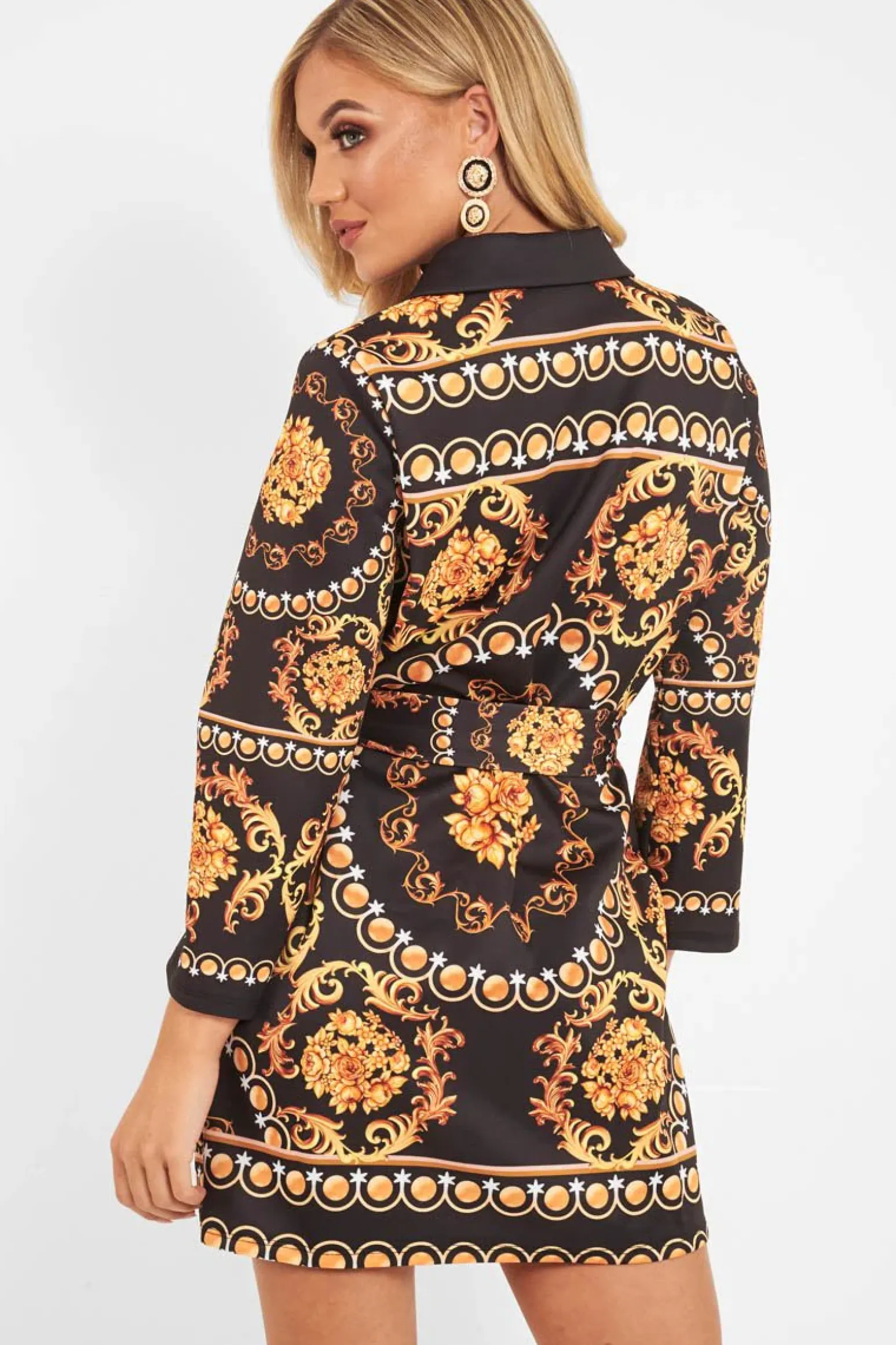 Rebellious Fashion Black Gold Chain Print Belted Shirt Dress - Estie