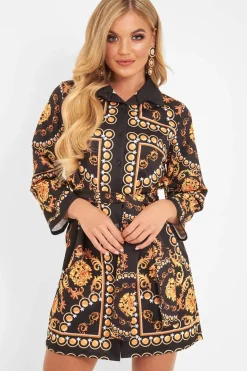 Rebellious Fashion Black Gold Chain Print Belted Shirt Dress - Estie