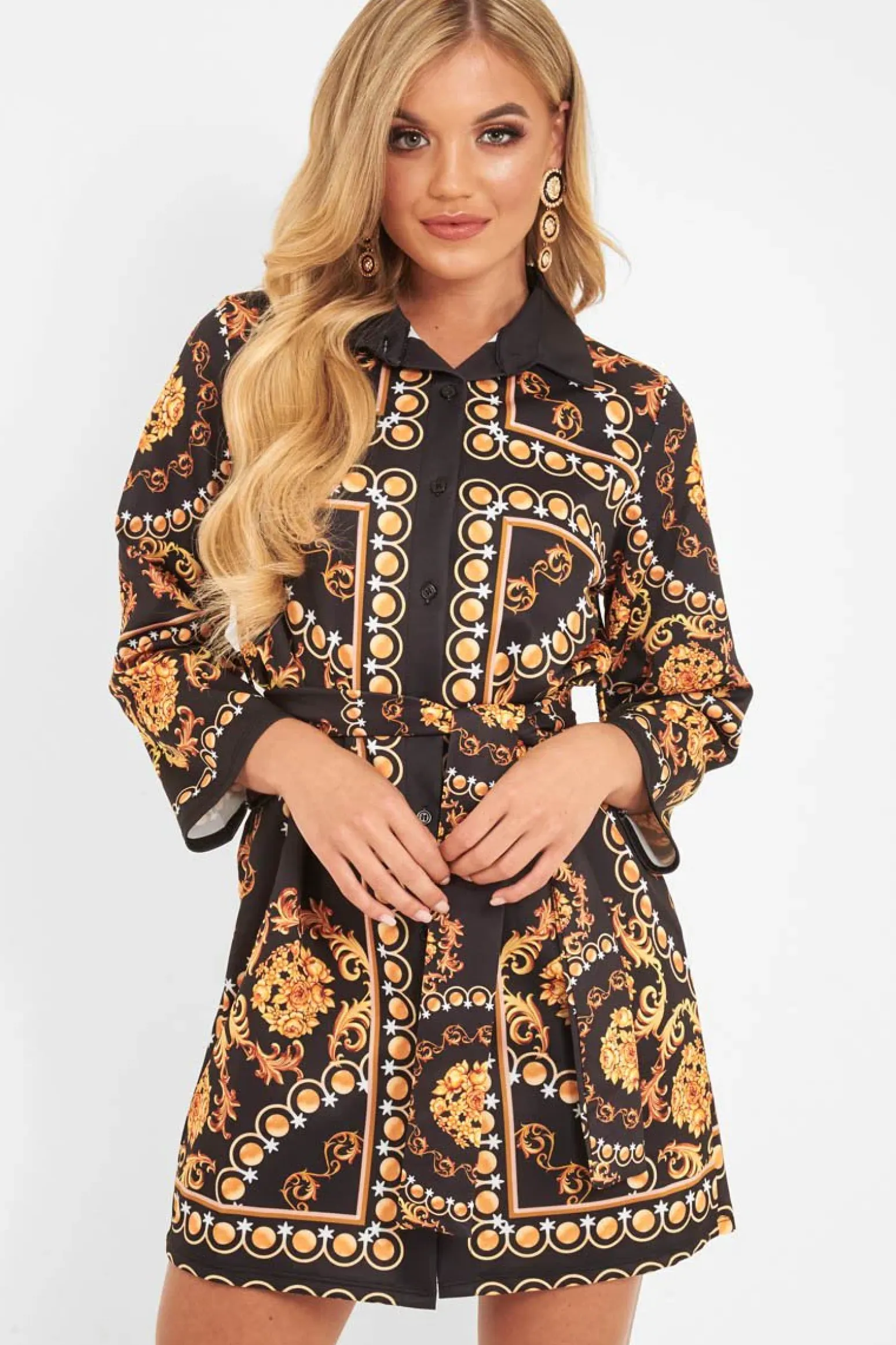 Rebellious Fashion Black Gold Chain Print Belted Shirt Dress - Estie