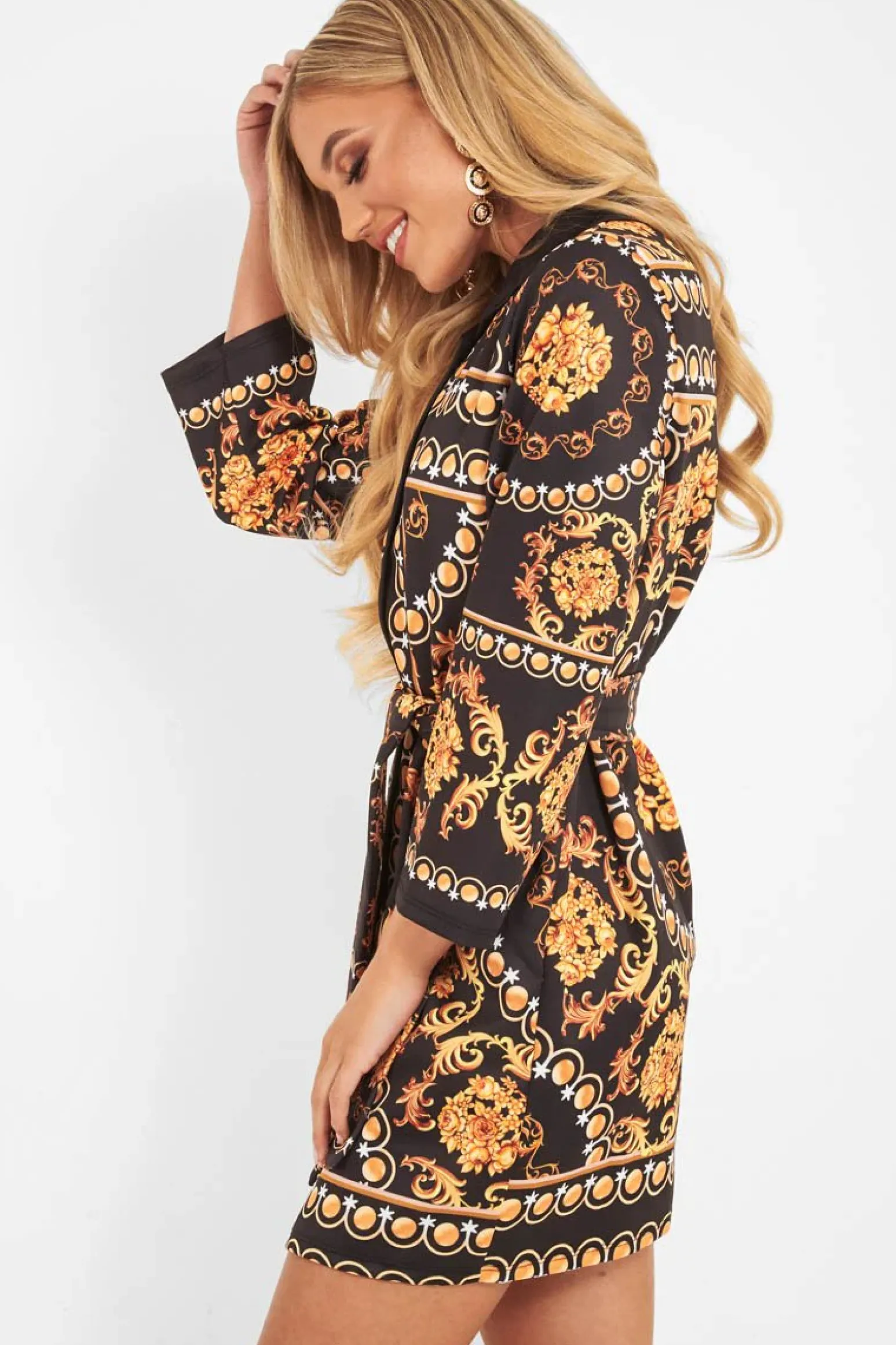 Rebellious Fashion Black Gold Chain Print Belted Shirt Dress - Estie