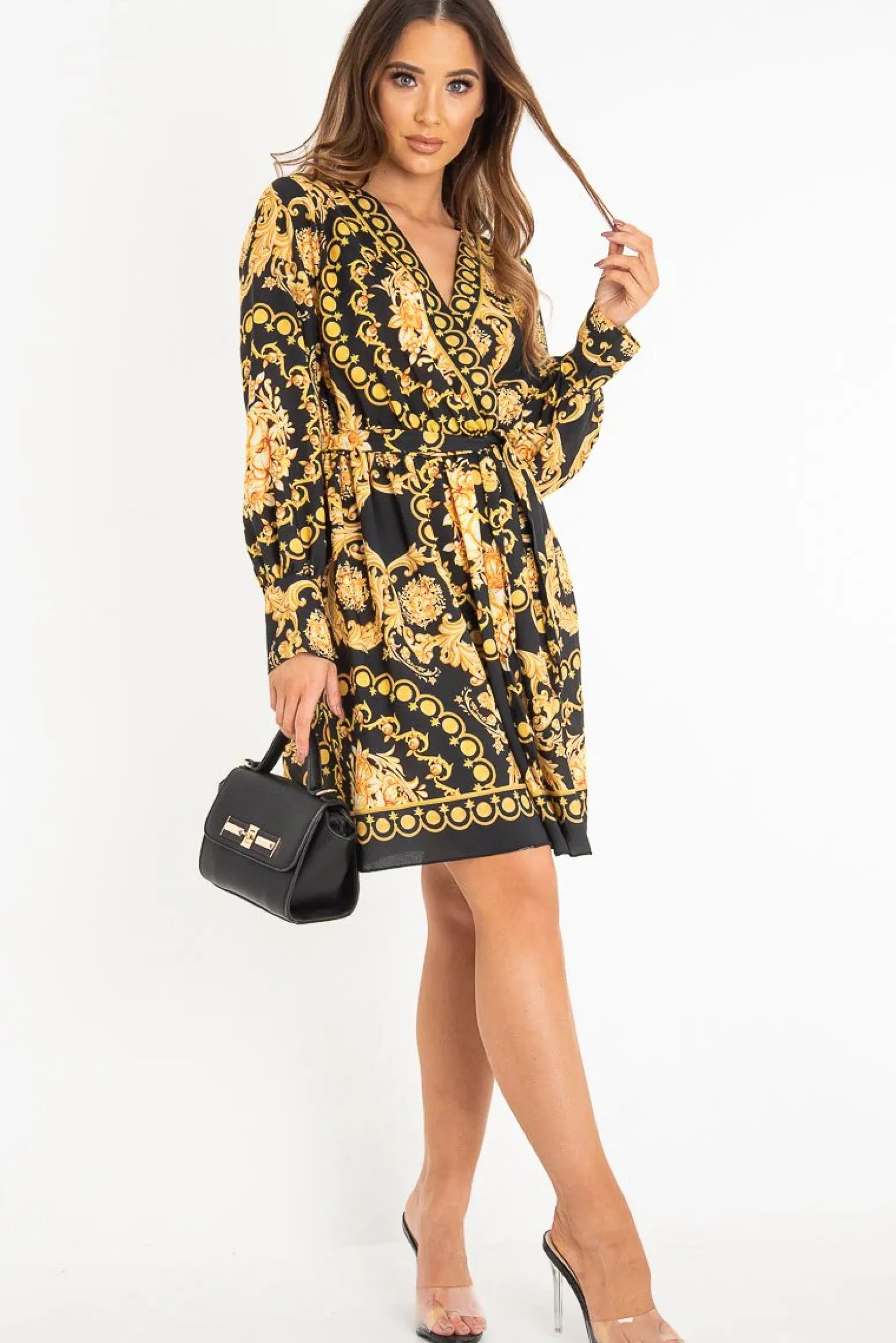 Rebellious Fashion Black Gold Floral Scarf Print Plunge Mini Dress - Sydney