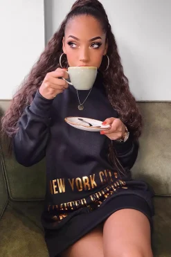 Rebellious Fashion Black Gold New York Slogan Hoodie Dress - Sophira