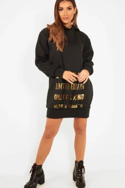 Rebellious Fashion Black Gold New York Slogan Hoodie Dress - Sophira