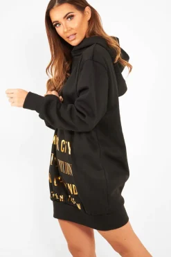 Rebellious Fashion Black Gold New York Slogan Hoodie Dress - Sophira
