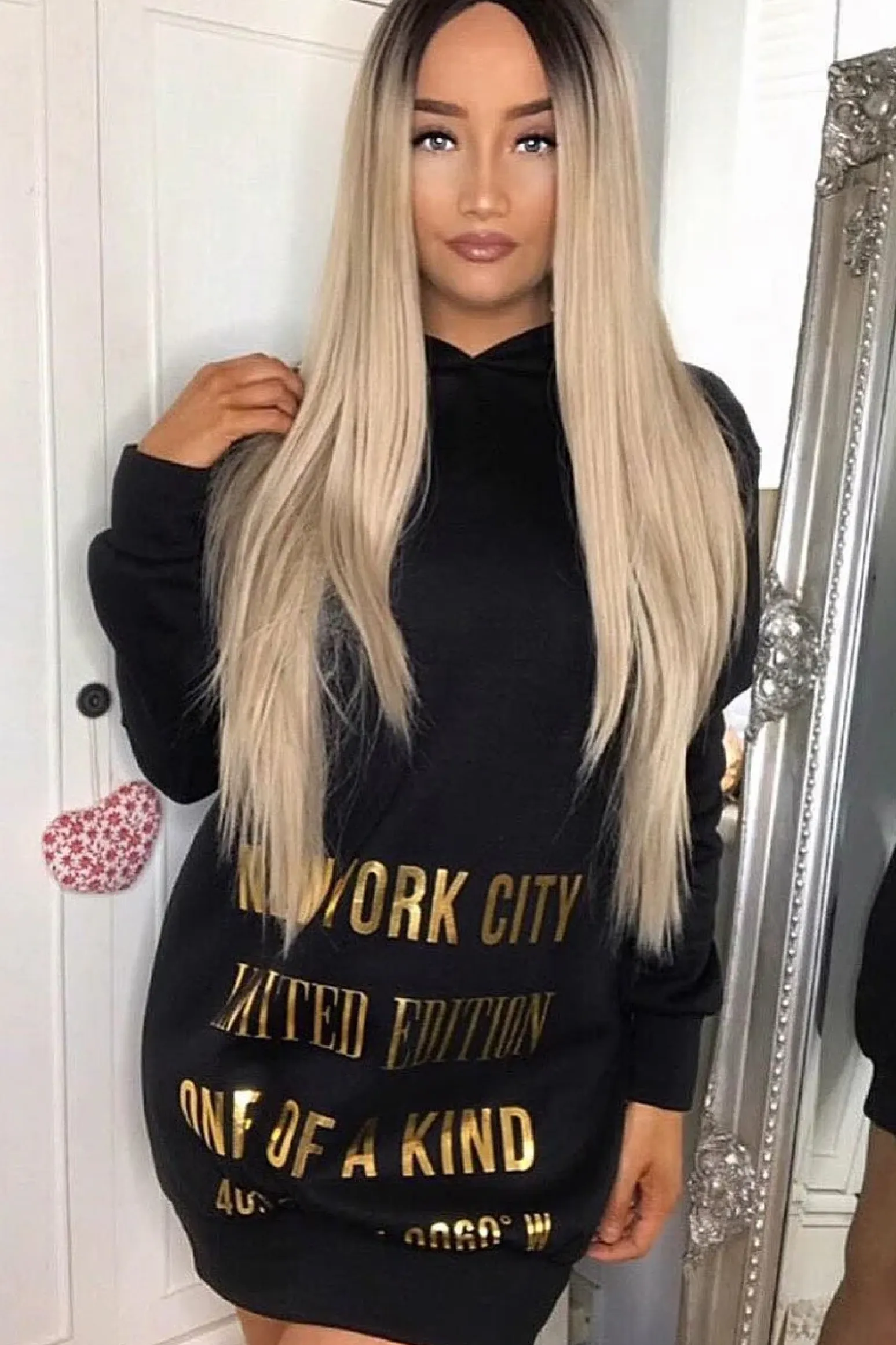 Rebellious Fashion Black Gold New York Slogan Hoodie Dress - Sophira