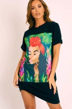 Rebellious Fashion Black Graphic Printed T-shirt Dress - Meeka