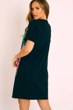 Rebellious Fashion Black Graphic Printed T-shirt Dress - Meeka