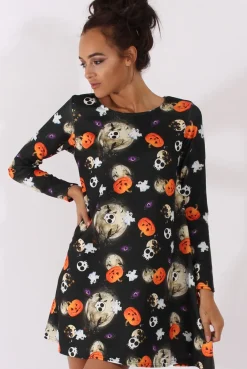 Rebellious Fashion Black Halloween Theme Swing Dress - Mona