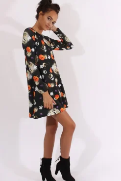 Rebellious Fashion Black Halloween Theme Swing Dress - Mona