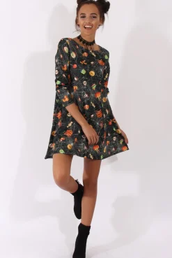Rebellious Fashion Black Halloween Trick Or Treat Swing Dress - Sugar