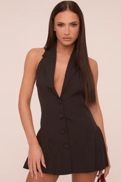 Rebellious Fashion Black Halter Neck Button Up Front Pleated Mini Dress - Bella