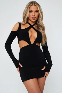 Rebellious Fashion Black Halter Neck Cut Out Slinky Mini Dress - Lessie