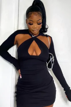 Rebellious Fashion Black Halter Neck Full Sleeve Cut Out Mini Dress - Jade