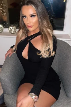 Rebellious Fashion Black Halter Neck Full Sleeve Cut Out Mini Dress - Jade