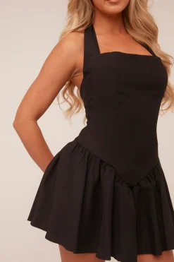 Rebellious Fashion Black Halter Neck Gathered Hem Mini Dress - Persis