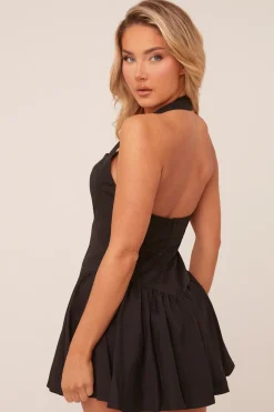 Rebellious Fashion Black Halter Neck Gathered Hem Mini Dress - Persis