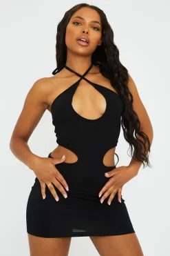 Rebellious Fashion Black Halter Neck Side Cut Out Mini Dress - Davida
