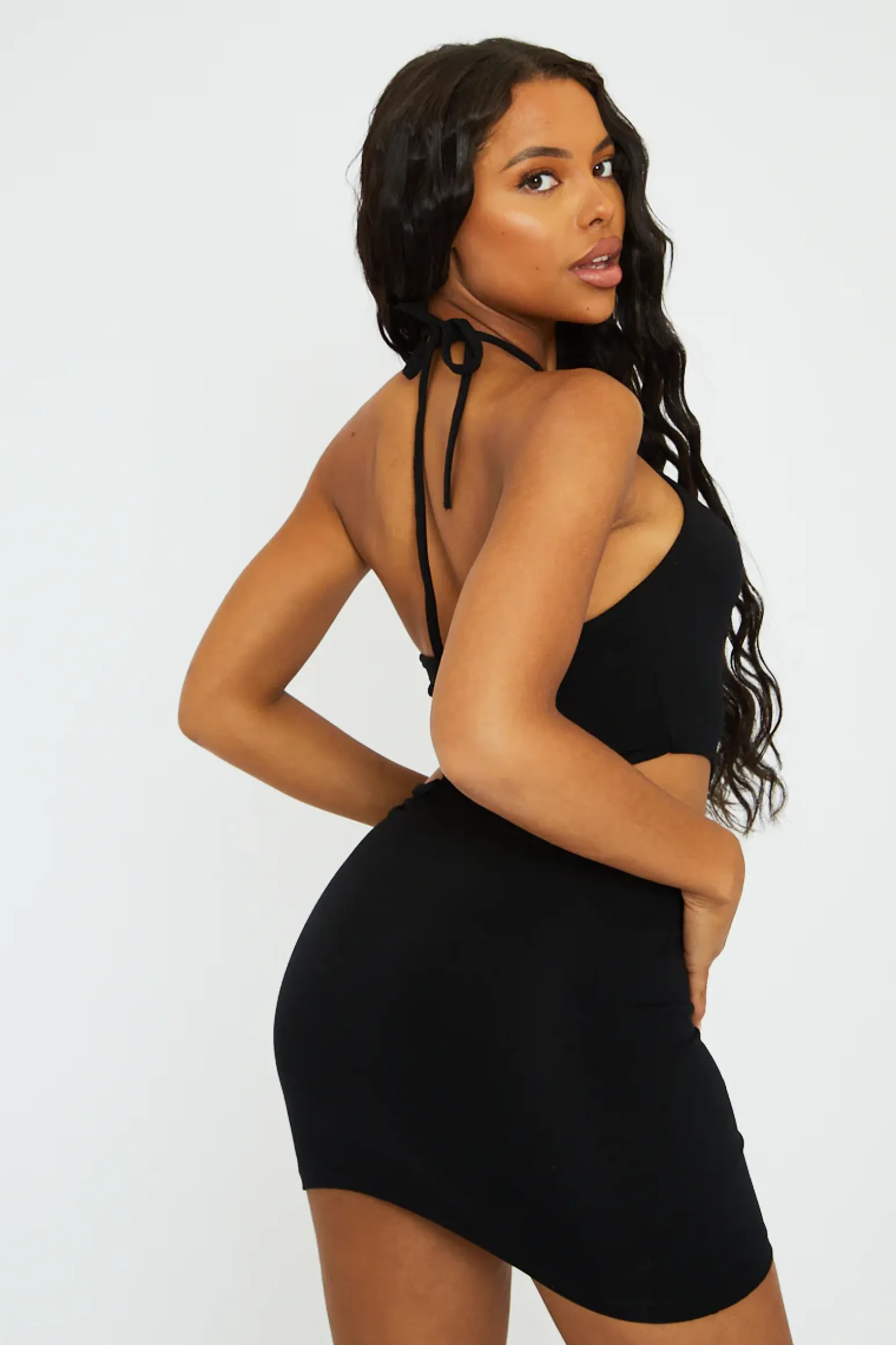 Rebellious Fashion Black Halter Neck Side Cut Out Mini Dress - Davida