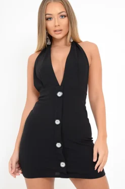 Rebellious Fashion Black Halter Plunge Button Detail Mini Dress - Khaira