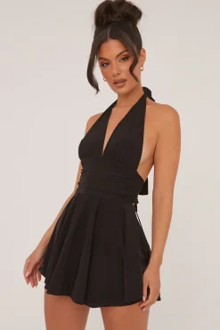 Rebellious Fashion Black Halter Plunge Neck Mini Dress - Pippa