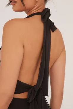 Rebellious Fashion Black Halter Plunge Neck Mini Dress - Pippa