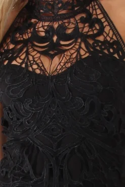 Rebellious Fashion Black Halterneck Crochet Layer Midi Dress - Andie