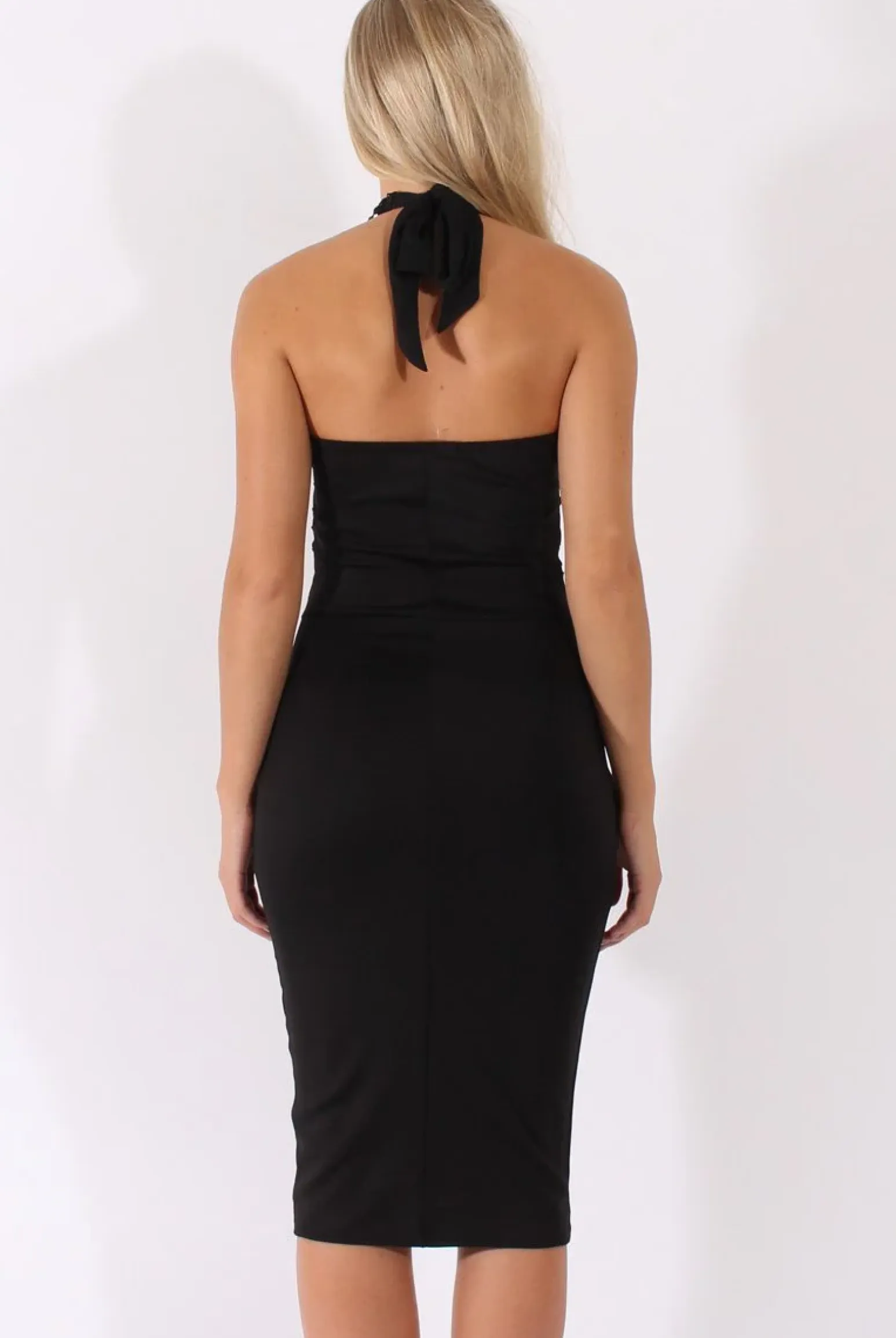 Rebellious Fashion Black Halterneck Crochet Layer Midi Dress - Andie