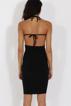 Rebellious Fashion Black Halterneck Wrap Around Open Back Dress- Lillian
