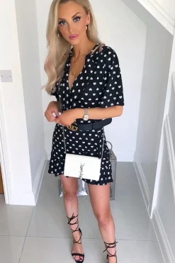 Rebellious Fashion Black Heart Print Plunge Ruffle Detail Mini Dress - Nicolle