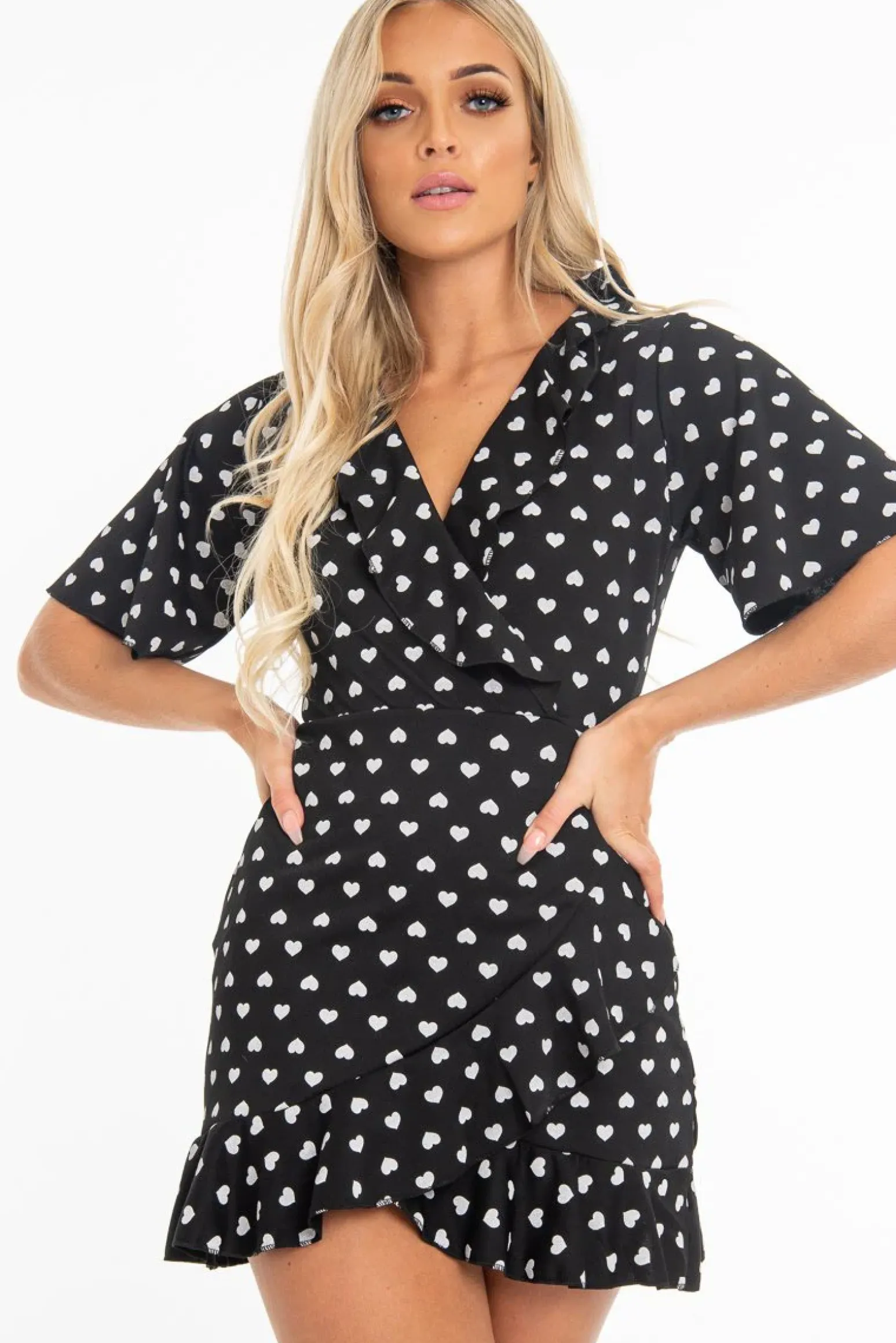 Rebellious Fashion Black Heart Print Plunge Ruffle Detail Mini Dress - Nicolle