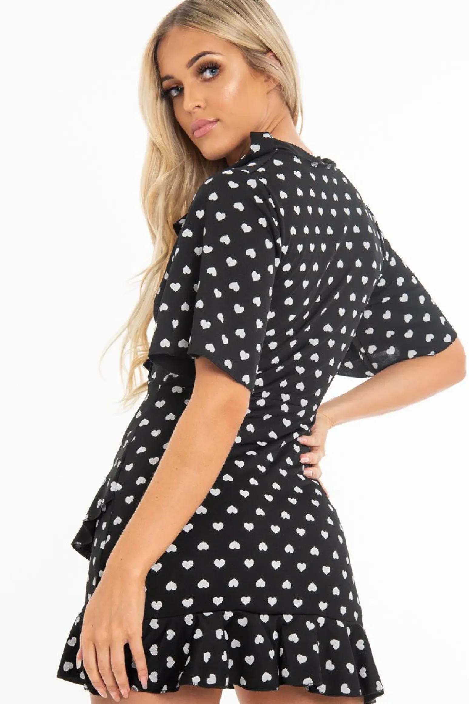 Rebellious Fashion Black Heart Print Plunge Ruffle Detail Mini Dress - Nicolle