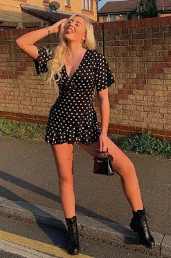 Rebellious Fashion Black Heart Print Plunge Ruffle Detail Mini Dress - Nicolle