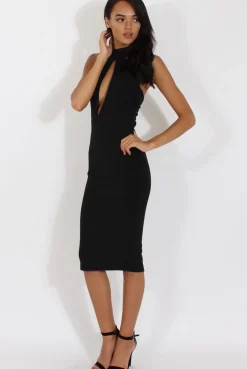 Rebellious Fashion Black High Neck Backless Midi Dress - Petunia